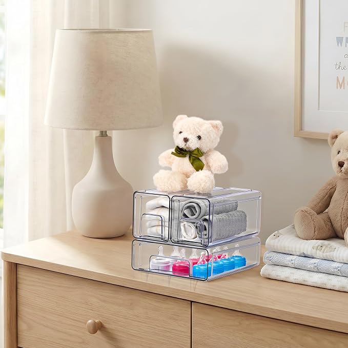 Sorbus Clear Stackable Storage Drawers (1 Medium + 2 Small) | Plastic medicine-cabinet bins with handles and pull-out access for bathrooms, closets, pantries and baby bottles. - Image 4