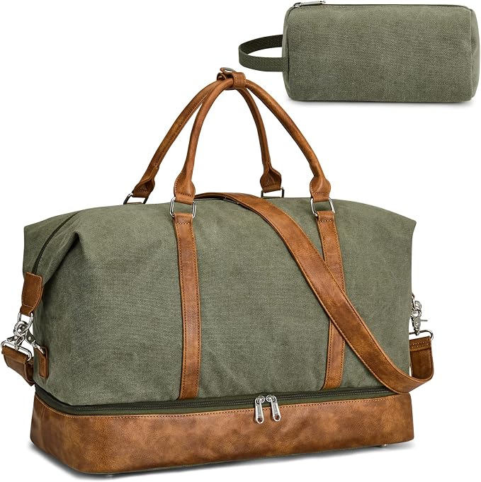 S-ZONE Weekender Bags for Women and Men Travel Duffel Bags with Shoe Compartment Overnight Carry on Duffle Tote Bag | Soft Canvas and Leather Trim, with Toiletries Bag,Carry-on Size,Trolley Sleeve,Adjustable Shoulder Strap,Shoe Compartment by S-ZONE