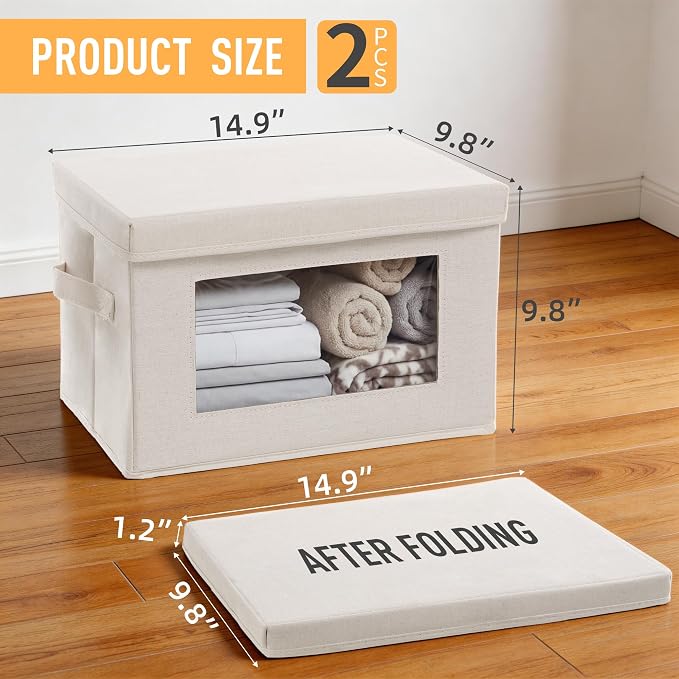 2-Pack Storage Bins with Lids & Clear Window, Foldable Fabric Closet Organizer Boxes, Stackable Cube Baskets with Soft Handles for Clothes & Blankets, 15", Beige - Image 3