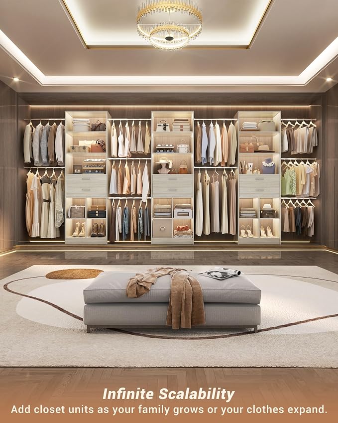Besiost Small Closet System, 3.2-6.8FT Small Closet Organizer with 5 Hanging Rods, Can Fit 37.5 to 81.9 inch Walk-in Closet System, Built-in, Greige Oak, Enclosed Storage Volume 2.32 ft³ - Image 8