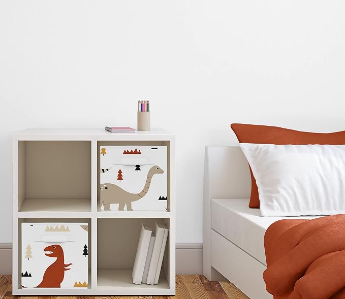 Sweet Jojo Designs Mod Dino Foldable Fabric Storage Cube Bins Boxes Organizer Toys Kids Baby Children - Set of 2 - Orange Tan Rust Taupe Mustard Yellow Beige Brown Black Modern Dinosaur Boho Dinosaurs - Image 2