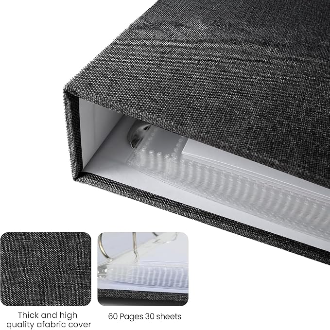 8.5x11 Scrapbook Inch Large 3 Ring DIY Linen Cover Scrap Books with 30 Plastic Sleeves 60 Pages Blank White Inner Pages, 8.5 x 11 Scrapbook Photo Albums for Baby Travel Wedding kids (Black) - Image 6