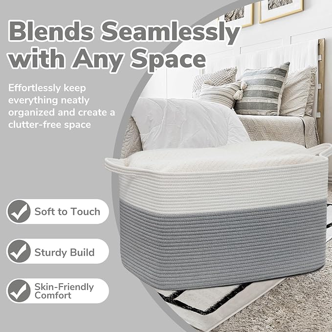 Goodpick 85L Large Woven Rope Blanket Basket, Rectangle, White Gray | 23.6'' x 15.7'' x 13.8'' Storage Basket for Blankets & Pillows, Living Room & Bedroom Organization, Reinforced Handles - Image 5