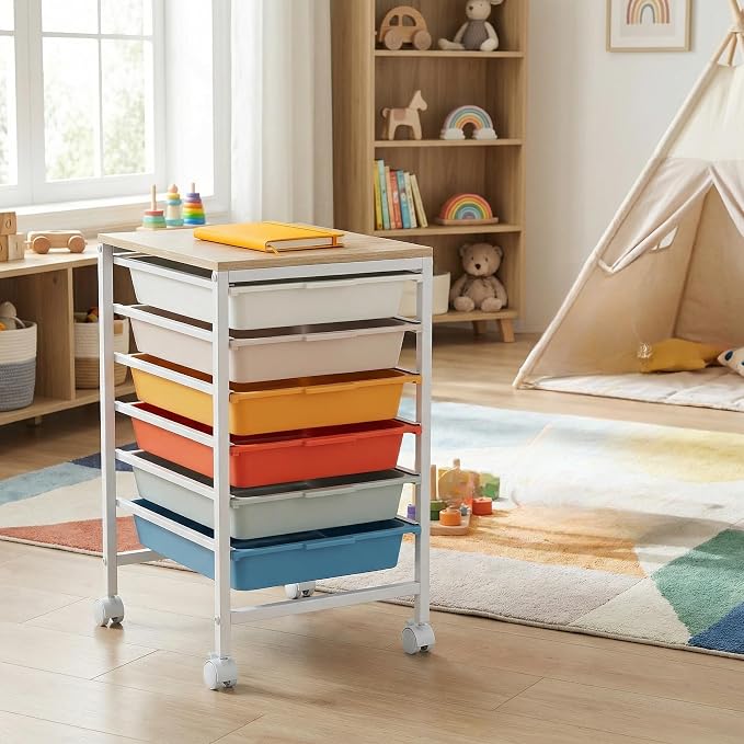 Rolling Storage Cart with 6 Drawers, Plastic Craft Organizer on Wheels with Wooden Top, Mobile Art Supply Utility Cart for Classroom, Home, Office - Image 2