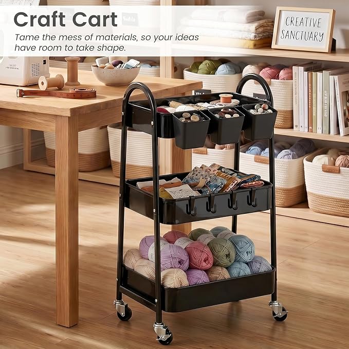 danpinera 3-Tier Rolling Cart, Utility Cart Mobile Metal Rolling Storage Cart with Lockable Wheels & Hanging Cups & Hooks for Kitchen, Bathroom, Office, Workshop, Black - Image 6