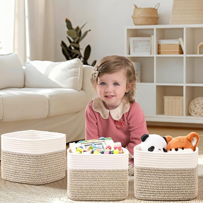 3 Pack Cube Storage Bin, 9”x9”x7” Cotton Rope Woven Baskets for Organizing Toys Clothes Towels, Square Gift Storage Baskets for Shelves, Nursery, Closet, Bathroom, Pantry (White & Jute) - Image 2