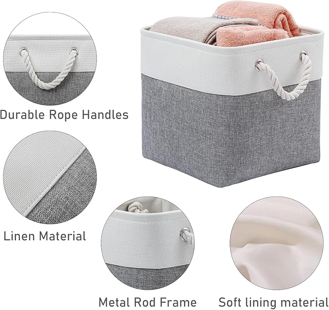 MidmmVick 12 x 12 Inch Cube Storage Bins, 6 Pack Large Collapsible Fabric Storage Bin with Ropes, Foldable Storage Cubes for Home, Office,Closet, Clothes, Toys Organizer (White & Grey) - Image 5