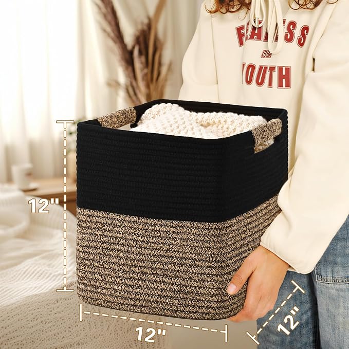 12 Inch Storage Cubes, 3 Pack Cube Storage Bins for Organizing, Cotton Rope Woven Baskets for Shelves, Bathroom, Kids Room, Closets, Baby Nursery - Image 3
