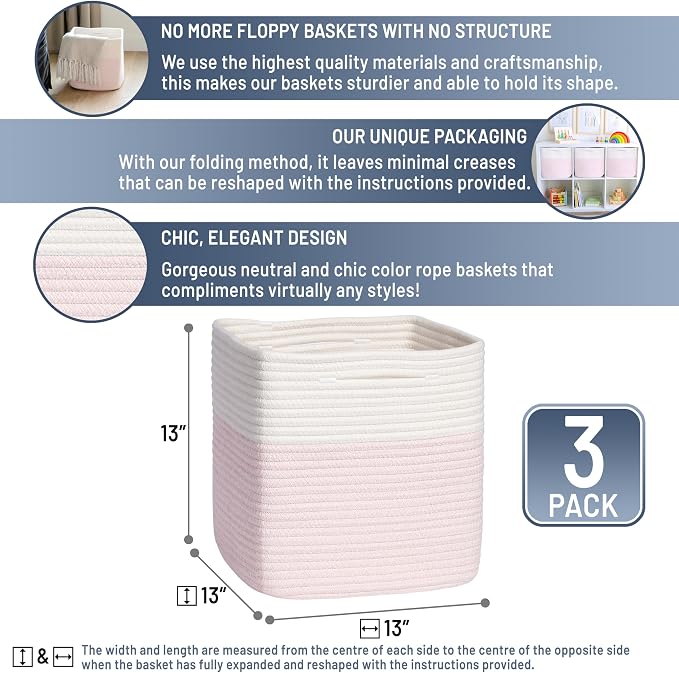 NaturalCozy 13 Inch Cube Storage Bins Cotton Rope Woven Baskets for Organizing 3-Pack | 13 x 13 Storage Cubes | Fabric Square Storage Baskets for Shelves Organizer, Kids Toy Bins, Closet Baby Nursery - Image 2