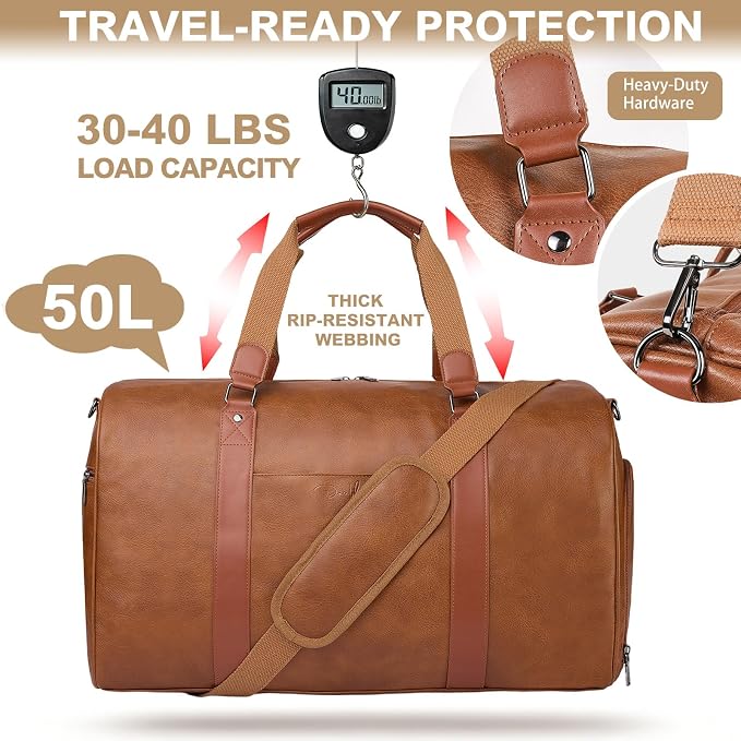Large 3-in-1 Leather Duffle Bag for Travel Weekender Overnight Hospital Gym Bag for Men & Women, Carry On Airline Approved Personal Item Duffel Garment Bag Luggage with Shoe Compartment & Toiletry Bag - Image 3