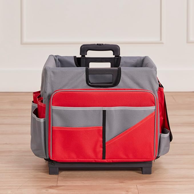 ECR4Kids Universal Rolling Cart with Canvas Organizer Bag, Mobile Storage, Red/Grey | Durable plastic, 30 compartments, adjustable handle, 40 lb capacity, collapses to 3" thick, rolling wheels for easy transport - Image 8