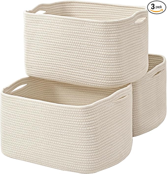 ICERZCZ Large Storage Baskets for Organizing Shelves, Woven Cotton Rope Bins for Baby Nursery Organization, Book Toy Towel Organizer, 17"x13"x9.5", 3 Packs, Off White by ICERZCZ