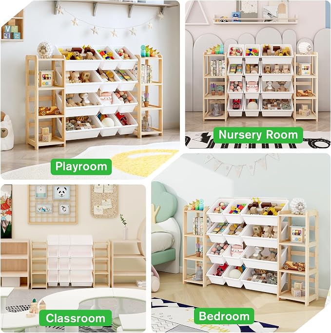 MallBest Extra Wide Toy Storage Organizer with Dual Bookshelves, Kids Wooden Shelf with 12 Removable Bins for Books, Toys, Playroom, Nursery, Bedroom, Natural, Large - Image 6