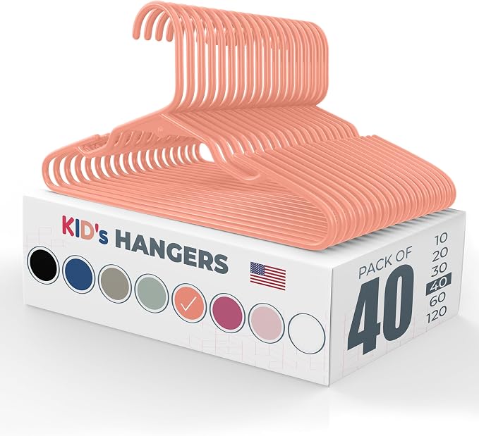 Plastic 12” Kids Hangers 40 Pack – Made in The USA – 5lb Capacity Baby & Toddler Clothes Hangers with Notches & Reinforced Edges – Fits Children’s Sizes Up to 8 – Peach by NeatiesHangers