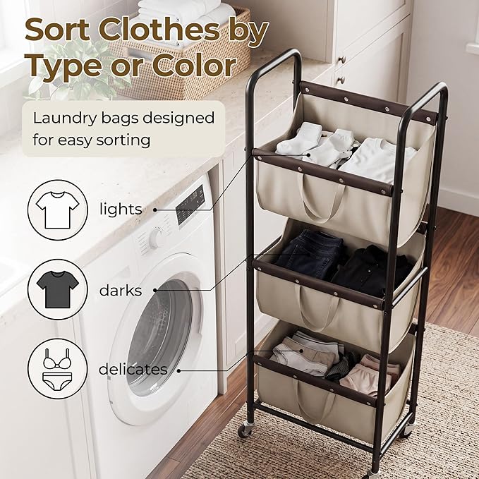 GRANNY SAYS 3 Tiered Laundry Sorter, Narrow Hamper Cart with Wheels | Sturdy 3 Section Laundry Basket with Wheels, Vertical Light Kahki Hamper Cart for Bedroom, Bathroom, Apartment - Image 3