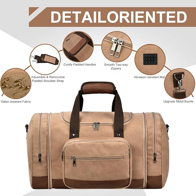 Litvyak 50L Canvas Duffle Bag for Travel Weekender Gym Overnight Carry-on | Expandable, Eco Certified, Leather Accents, Toiletry Bag Inclued, Travel Weekend Luggage Sports Duffel Bag for Women Men - Image 5