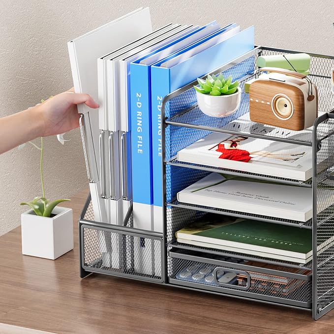 Marbrasse 5-Tier Paper Letter Tray Organizer with Drawer and Pen Holder, Mesh Desktop Organizer and Storage with Magazine Holder for Office Supplies (Grey) - Image 5