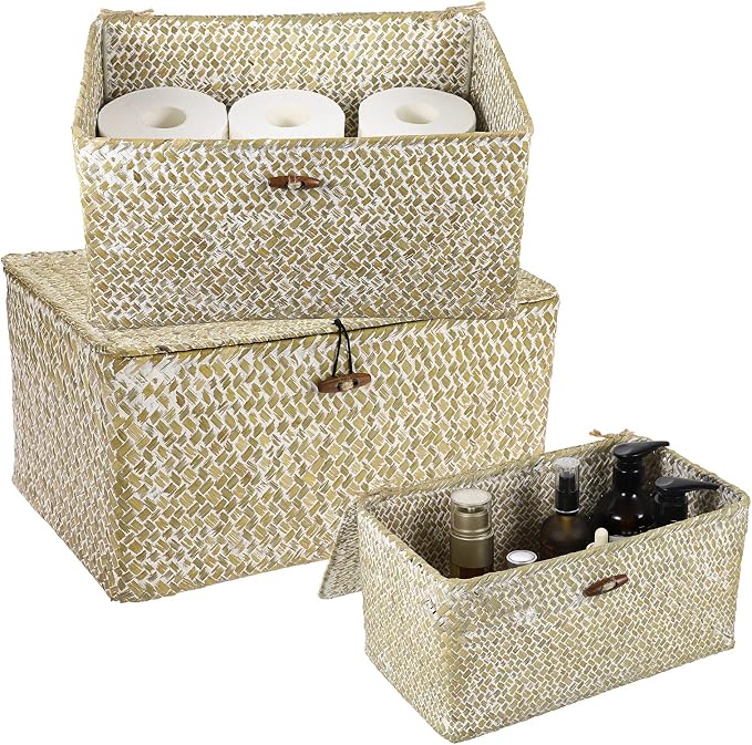 Hipiwe Set of 3 Wicker Storage Basket Bin with Lid Large Woven Seagrass Box | Handmade Shelf Basket Bins Rectangular Nesting Household Organizer Boxes for Shelf Closet Wardrobe Organizer, Whitewash - Image 5