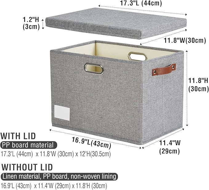 17" Large Fabric Storage Box with Lids, 3-Pack, Gray | Stackable, Foldable, 2 PU Handles and 2 Metal Handles, Decorative Fabric, For Home, Bedroom, Closet, Office, Nursery - Image 7