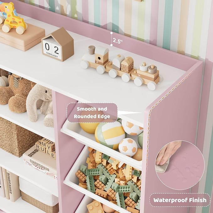 HITHOS 55" W Kids Toy Storage Organizer with 10 Toy Box & Book Shelf, Pink | Large Toy Organizers and Storage with Kids Bookshelf & 6 Plastic Toy Chests & 4 Movable Drawers for Kids Room, Playroom - Image 4