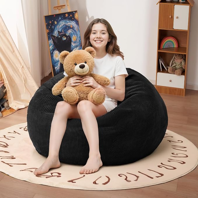 2FT Bean Bag Chair: 2' Small Bean Bags with Memory Foam Filled | Beanbag Chairs with Handle,Teardrop Bean Bag Sofa with Corduroy Machine Washable Cover for Living Room,Bedroom-Black by Cansunna