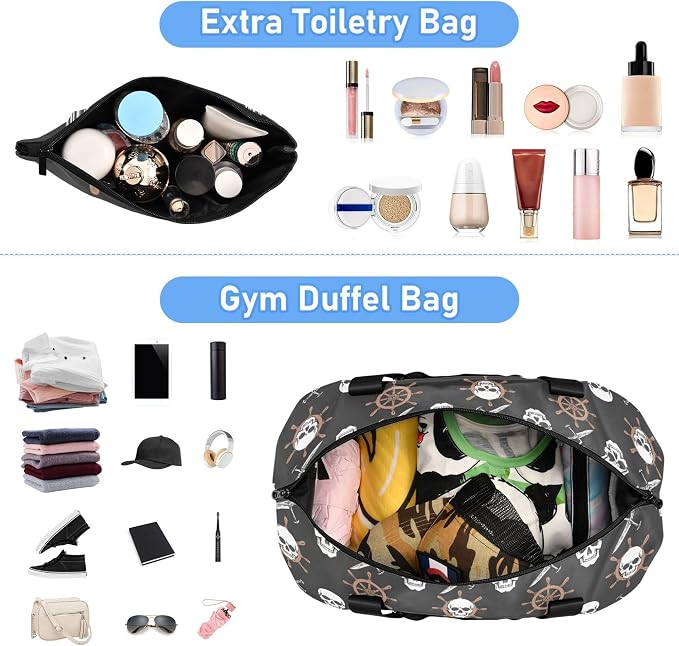 Travel Duffel Tote Bag Gothic Skull Pirate Sports Duffel Bag with Wet Pocket Weekender Overnight Bag for Women Men Gym Bag, Carry On Bag Hospital Bag for Labor and Delivery - Image 5