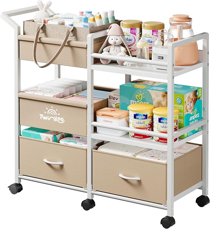 Twinkoo Baby Diaper Caddy Organizer, 3 Tier Rolling Cart | Tiered Modular Configuration, 66 lbs Capacity, Rolling Wheels, Dipaer Bag, Nursery Newborn Essentials, Easy To Assemble by Twinkoo
