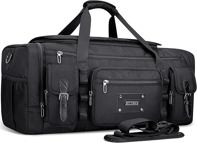 WITZMAN Duffle Bag for Men Large 54L Travel Duffel with Shoe Compartment | Water-resistant Nylon, Dry-wet Pocket, Fits 16" Laptop, Convertible for Gym, Weekender, Sports, Overnight, B717 Black by WITZMAN