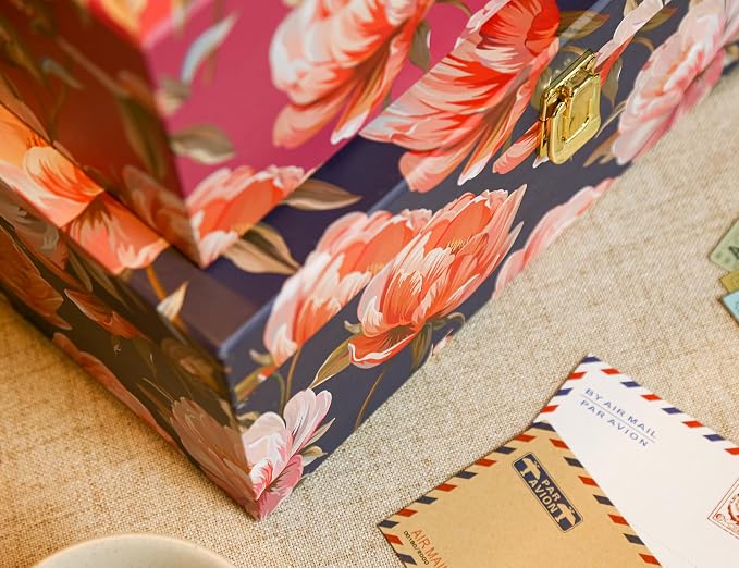2-Piece Decorative Keepsake Storage Boxes with Lids, Bold Peony Floral Design in Berry Pink & Deep Navy, Cardboard Memory Boxes with Elegant Gold-Tone Accent, Stackable Home Décor Storage - Image 5
