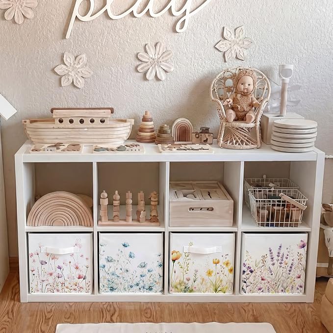 6 Pcs WildFlower Cube Storage Bins 11 Inch White Storage Basket with Handle, Preppy Girls Organizer Basket, Collapsible Fabric Box for Classroom Bedrooms - Image 4