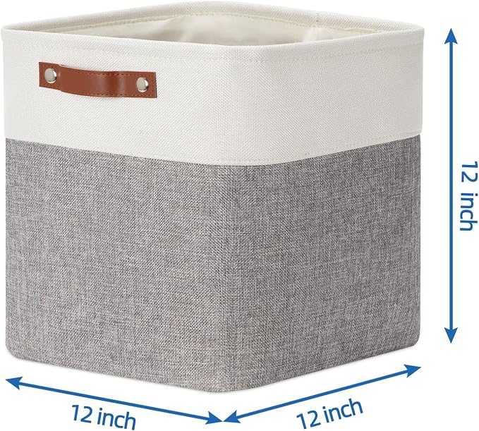 Temary 12 Inch Storage Baskets Foldable Fabric Storage Cubes 4PCs Storage Bins Organizer with Handles, Baskets for Organizing Clothes, Towels (White & Grey, 12 x 12 x 12) - Image 2