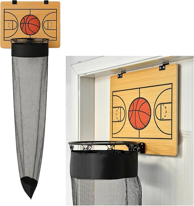 Oversized Basketball Laundry Hamper with Wooden Backboard – Over the Door Basketball Hoop Laundry Basket for Dirty Clothes, Boys Room Organizer & Fun Clothes Hamper (Wood) by Rzjoke