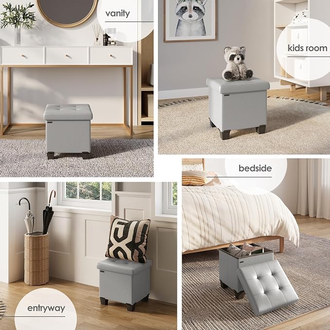 Storage Ottoman Cube with Small Bin, 15-in Square Ottoman with Storage for Living Room and Bedroom, Small Ottomans Foot Rest, Leather Foot Stools Ottomans Max 330lbs, Light Grey - Image 4