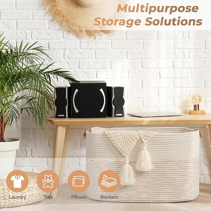 108L Large Basket for Living Room, Boho Decorative Basket Organizing with Handles, Cotton Rope Storage for Toys, Pillows, Clothes, 25’’*16’’*16’’ Rainbow - Image 5