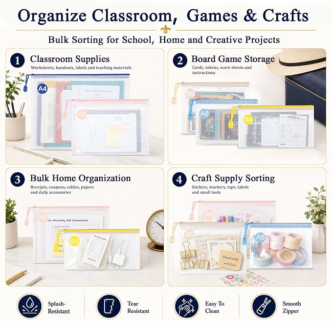 25 Pack PVC Mesh Zipper Pouches with 1 Organizer Bag, 26pcs | A4 A5 A6 Bill B6 Translucent PVC Pouches for Board Game Organization Puzzle Storage Cards Crafts and Project Parts - Image 6