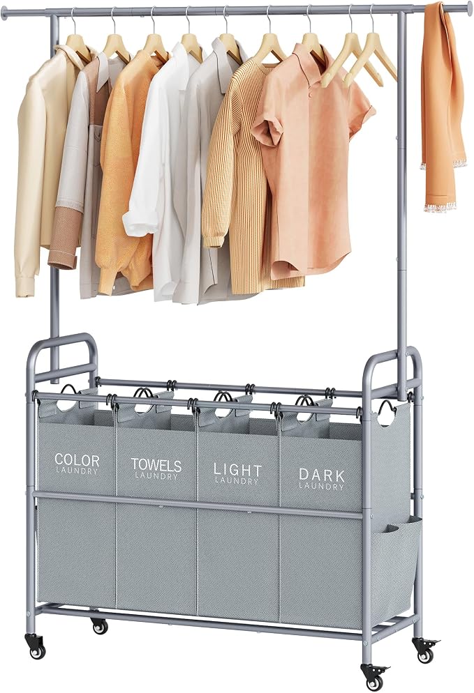 Laundry Sorter 4 Section, Laundry Basket with Hanging Rack, Gray | 196L Laundry Hamper with Hanging Rack and Heavy Duty Lockable Wheels, Rolling Laundry Cart for Bathroom, Bedroom, Home by Tajsoon