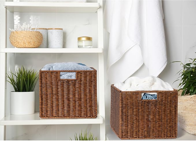 Wicker Storage Basket - Large 12x12x10in Cube, Woven Wicker for Shelves, Pantry, Kitchen & Bathroom Organization (Brown) - Image 5