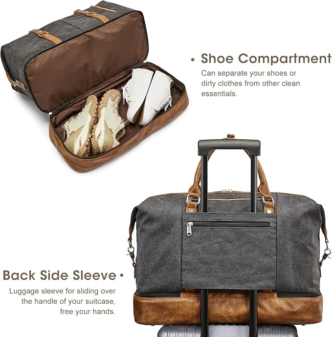 S-ZONE Weekender Bag for Men Canvas Duffle Large Weekend Overnight Travel Carry On Tote Bag with Shoe Compartment Black | Anti-wrinkle Canvas,Adjustable Shoulder Strap,1 Main Compartment and 7 Pockets,with Shoe Compartment - Image 4
