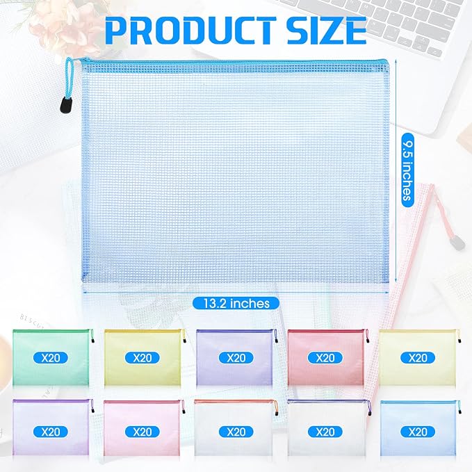 200 Pcs A4 Mesh Zipper Pouch Bulk Waterproof Mesh Zipper Organizer Plastic File Folder Case for School Office Supplies Document Board Games Puzzle(Colorful) - Image 2