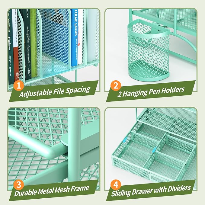 FANXIYQ Metal Desk Organizer with Sliding Drawer, 7-Section File Organizer for Desk, Desktop File Folder & Paper Organizer with 2 Hanging Pen Holders, Office Supplies Organizer, Green - Image 6