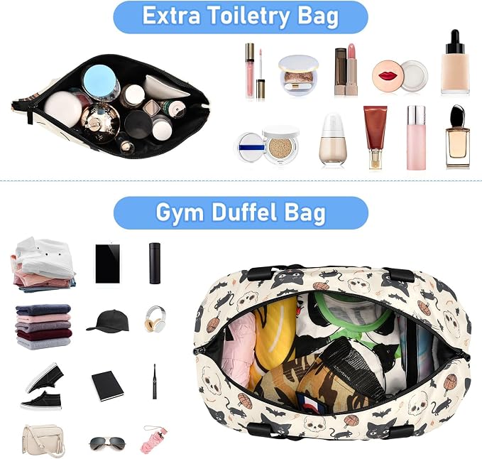 Travel Duffel Tote Bag Cat and Skulls Sports Duffel Bag with Wet Pocket Weekender Overnight Bag for Women Men Gym Bag, Carry On Bag Hospital Bag for Labor and Delivery - Image 5
