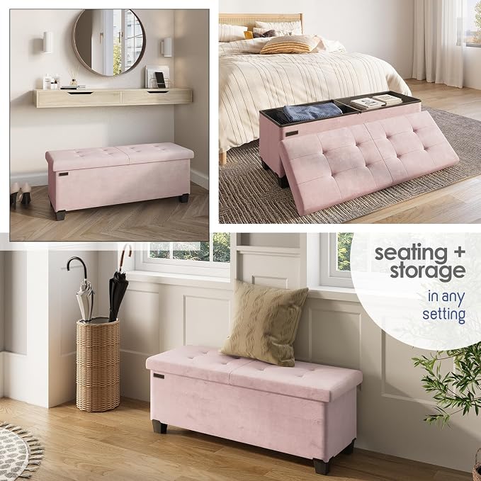 Storage Ottoman Bench with Bins, 43-in Storage Bench for Bedroom End of Bed, Folding Foot Rest Ottoman for Living Room Max 660lbs, Velvet Ottomans, Pink - Image 5