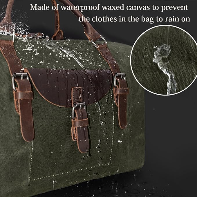 Oversized Travel Duffel Bag Waterproof Canvas Genuine Leather Weekend bag Weekender Overnight Carryon Hand Bag, Dark Green - Image 2