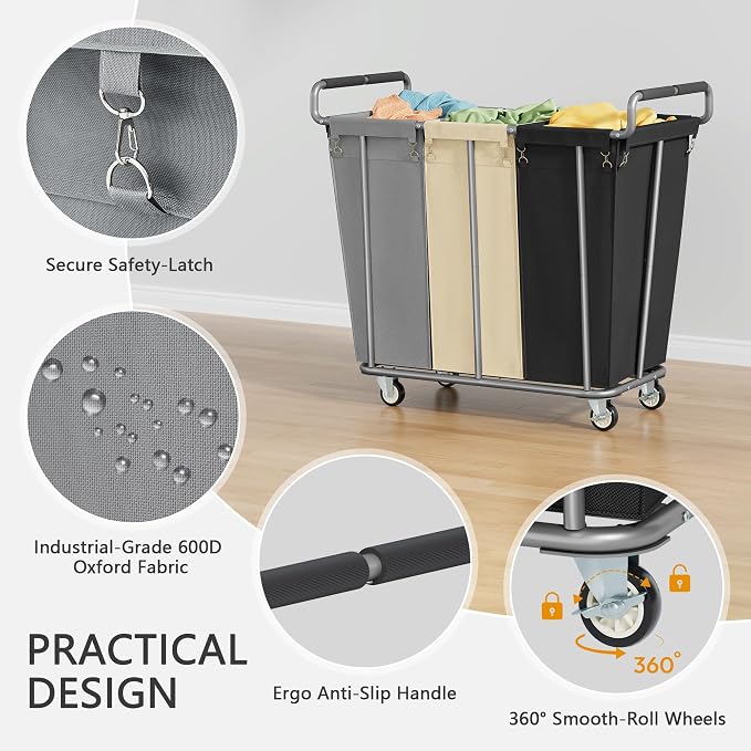 Gewudraw 3 Section Rolling Laundry Sorter Cart with Wheels, 360L | Commercial Laundry Cart Industrial, Large Laundry Basket Rolling Laundry Hamper with Handle for Bathroom, Bedroom, Hotel - Image 5