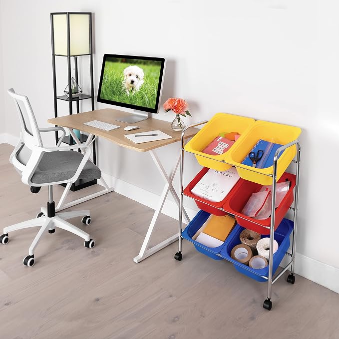 Seville Classics Rolling Utility Organizer Storage Cart, for Home Office, School, Classroom, Scrapbook, Hobby, Craft, 6-Bin, Multicolor - Image 9
