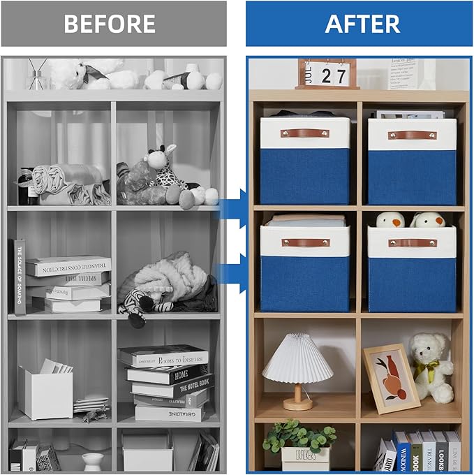 Temary 11 Storage Cube Bins for Shelves, Closet - 4 Pack Fabric Baskets With Leather Handles (White & Blue) - Image 5