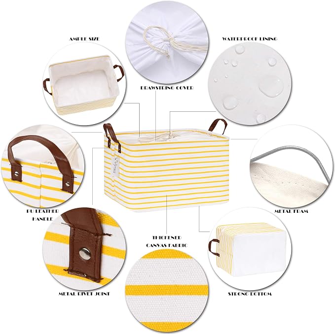 Hinwo 31L Large Canvas Storage Bin with Lid and Handles | Collapsible Fabric Basket, Closet Shelf Organizer, Container for Clothing, Blankets, Toys, Bedding (Yellow Stripe) - Image 5