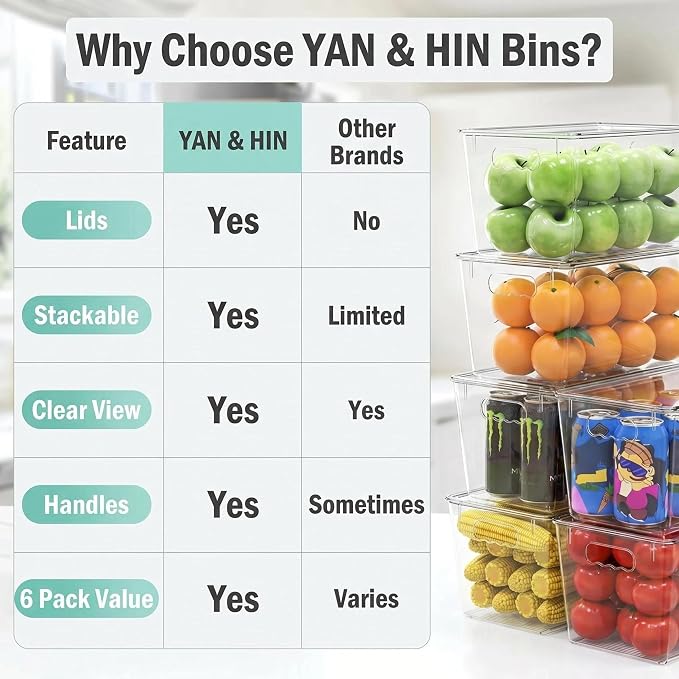 YAN & HIN 4 Pack Clear Storage Bins with Lids, Stackable Plastic Organizer Bins with Handles, Pantry Organizers and Storage for Kitchen Cabinet, Fridge, Bathroom, Closet and Shelf Organization - Image 7