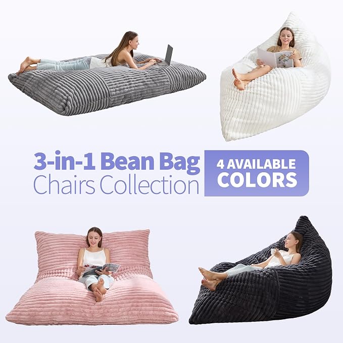 Hobestluk Adult Bean Bag Chair 3 in 1 Convertible Large Bean Bag Sofa | Striped White,Machine Washable,Removable Cover,Easy Convert And Install,Floor Bed,For Livingroom Bedroom - Image 8