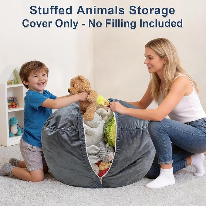 Lukeight Stuffed Animal Storage Bean Bag Chair Cover for Kids, Velvet Plush Toy Organizer Seat, Cover Only, No Filling Included, Long YKK Zipper, Side Pocket, X-Large 30"D x 18"H - Image 4